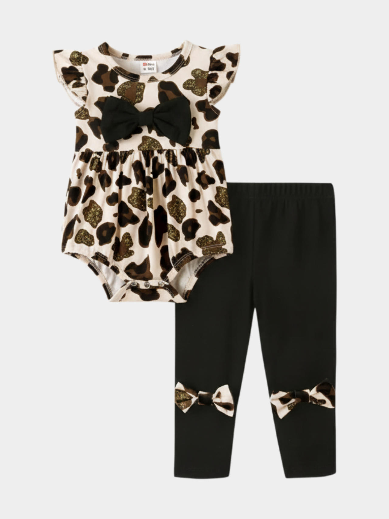 Baby Leopard Print Flutter Romper and Bow Leggings Set
