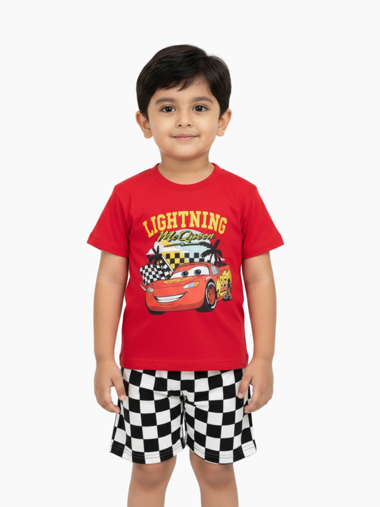 Kids 2pcs Red Car Printed T-shirt & Shorts Set