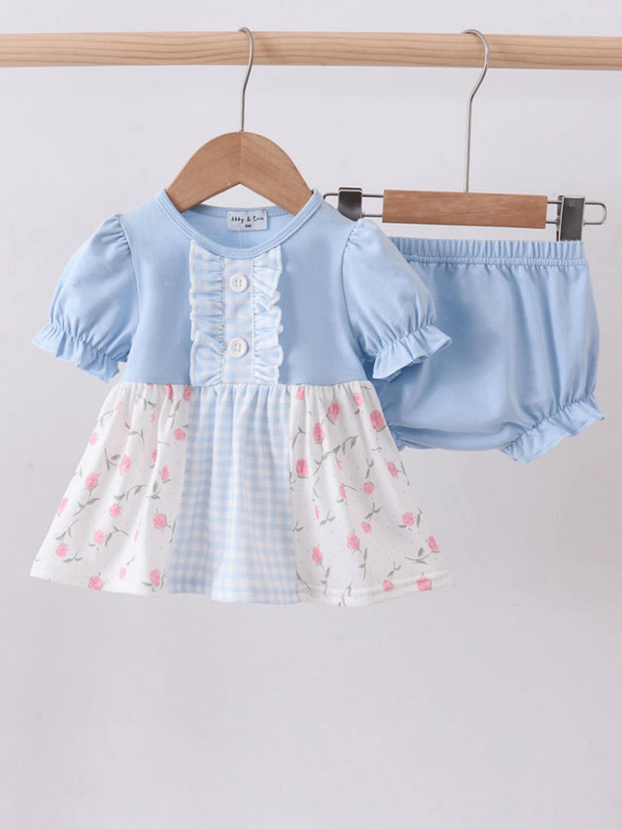 Baby Girls’ Blue Gingham and Rose Print Ruffle Bloomer Set
