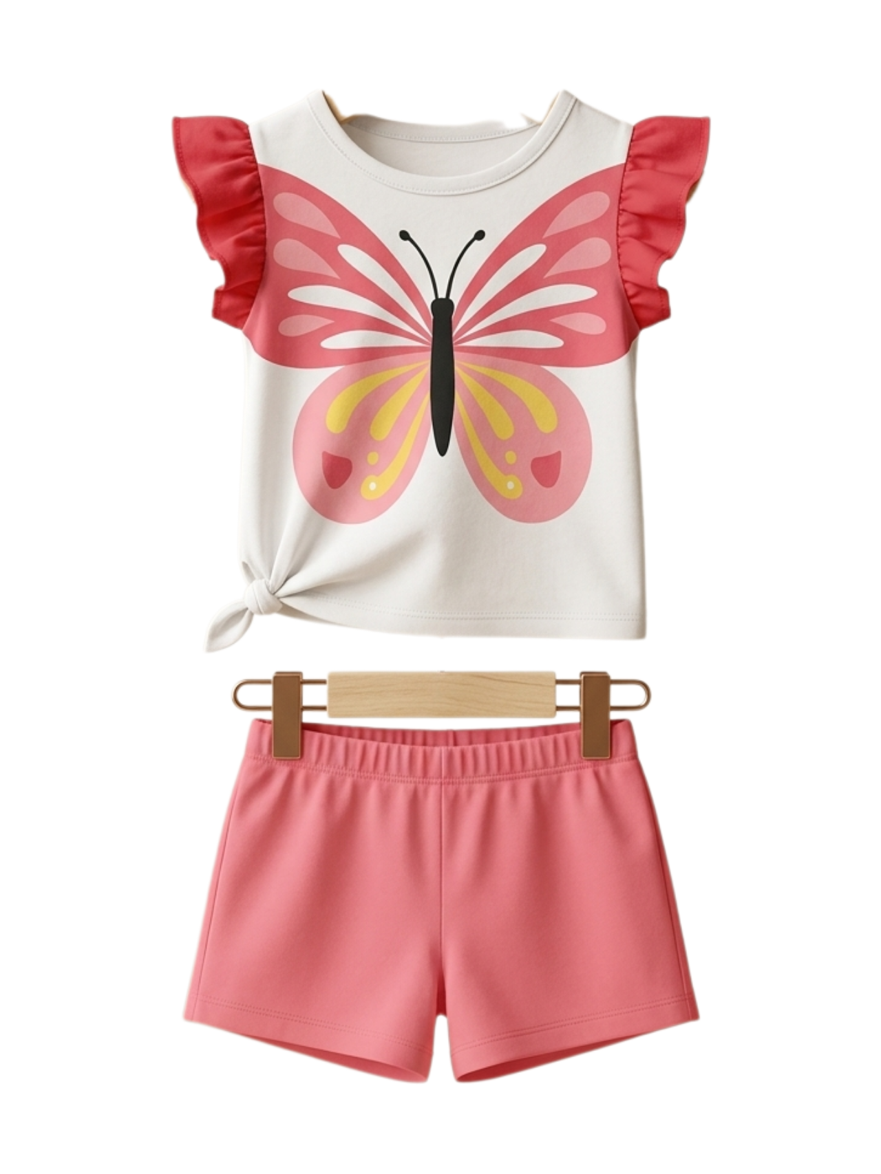 Butterfly Ruffle Tee Set - toddler white ruffle tee with butterfly graphic and coral shorts