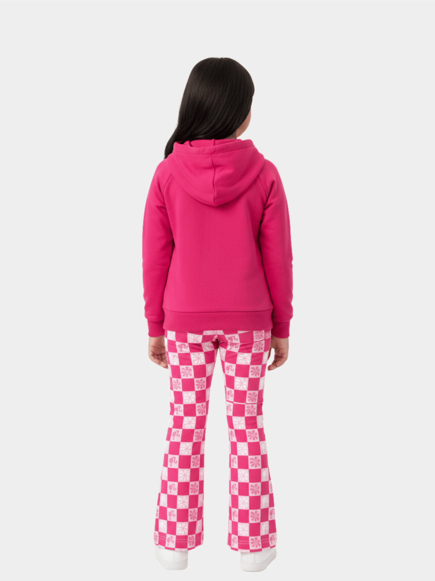Girls' Barbie Pink Mountain Graphic Hoodie & Checkered Flare Trousers Set