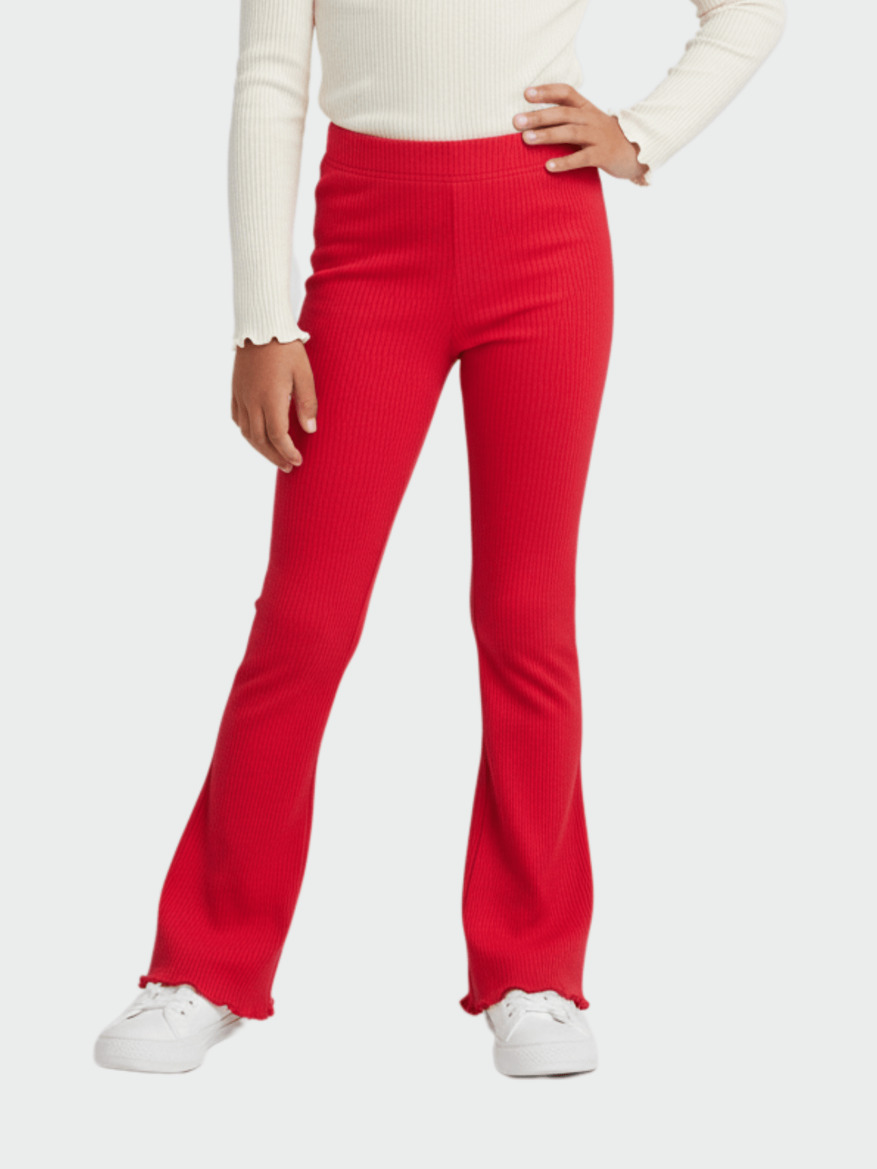 Girls Bright Red Ribbed Flared Leggings