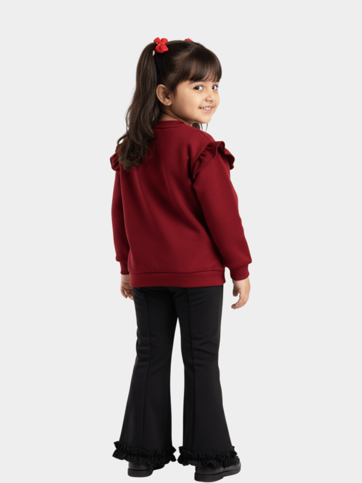 Girls' 'Desert Rose' Horse Graphic Ruffle Sweater & Black Flare Trousers Set