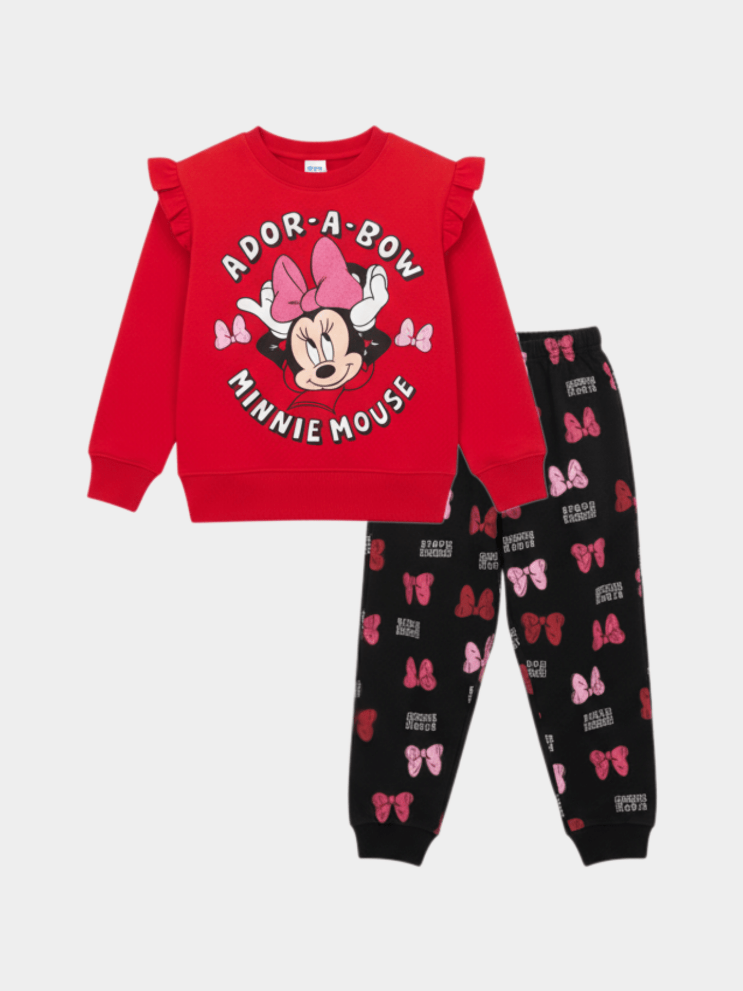 Girls' Disney Minnie Mouse 'Ador - A - Bow' Red Ruffle Sweatshirt & Bow Print Joggers Set