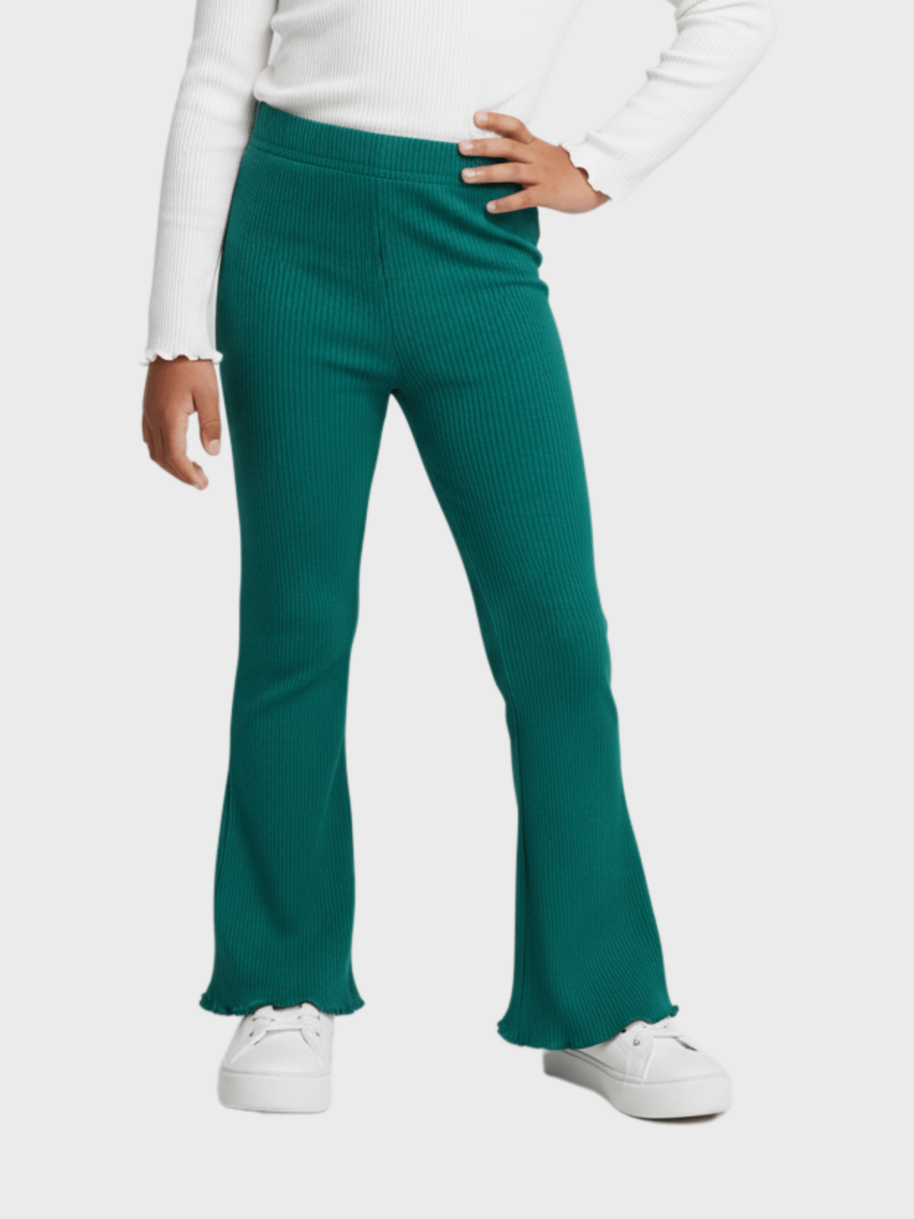 Girls Emerald Green Ribbed Flared Leggings