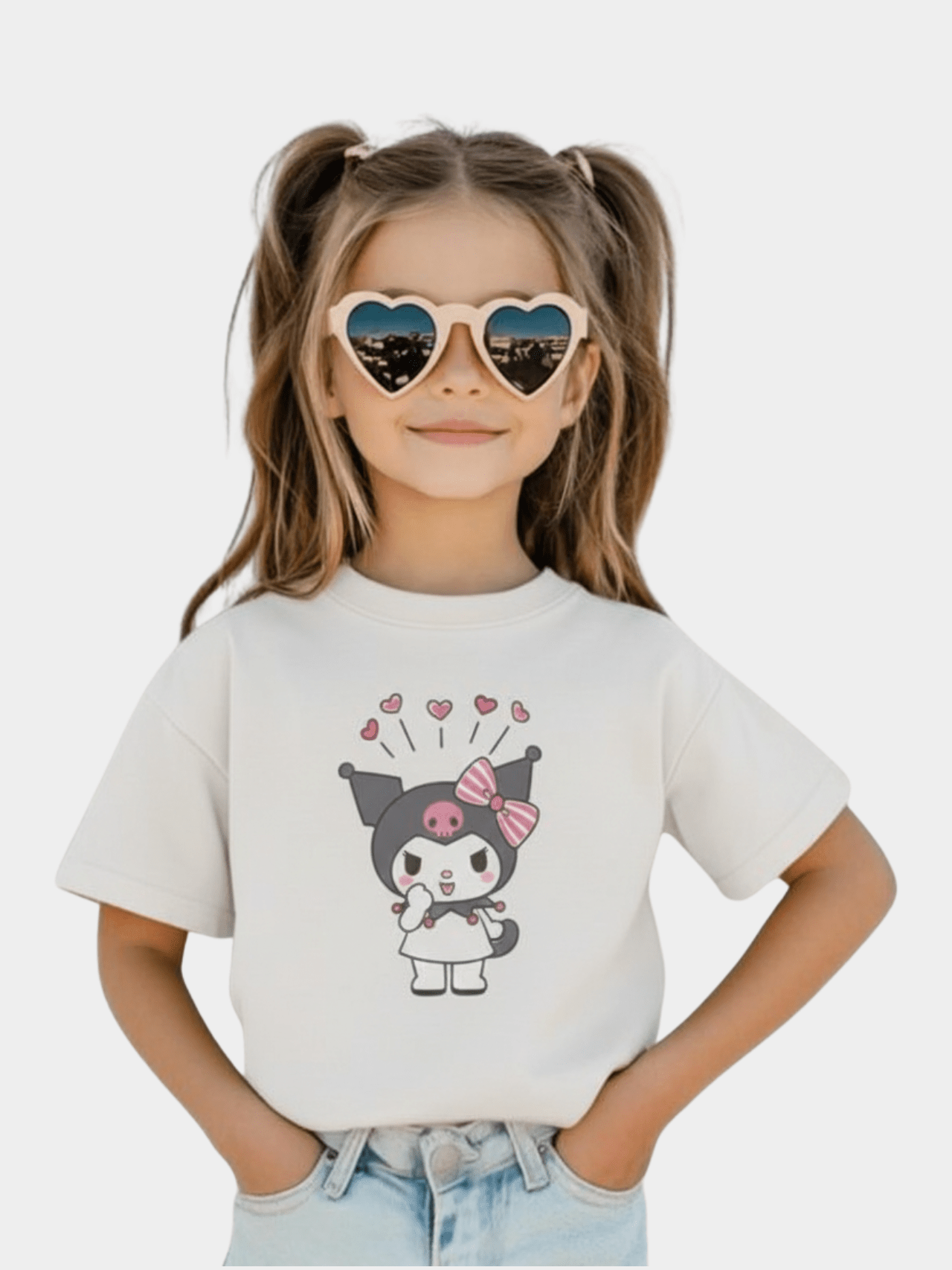 Girls' Kuromi Heart Graphic Tee | Cute Casual White Short Sleeve T-Shirt Set