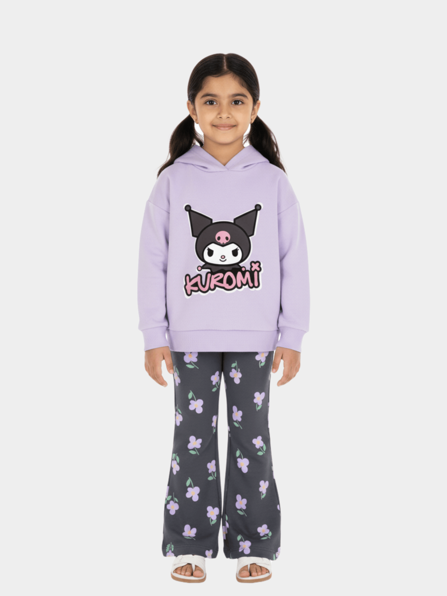 Girls' Kuromi Lavender Hoodie & Floral Print Flare Trousers 2 - Piece Set