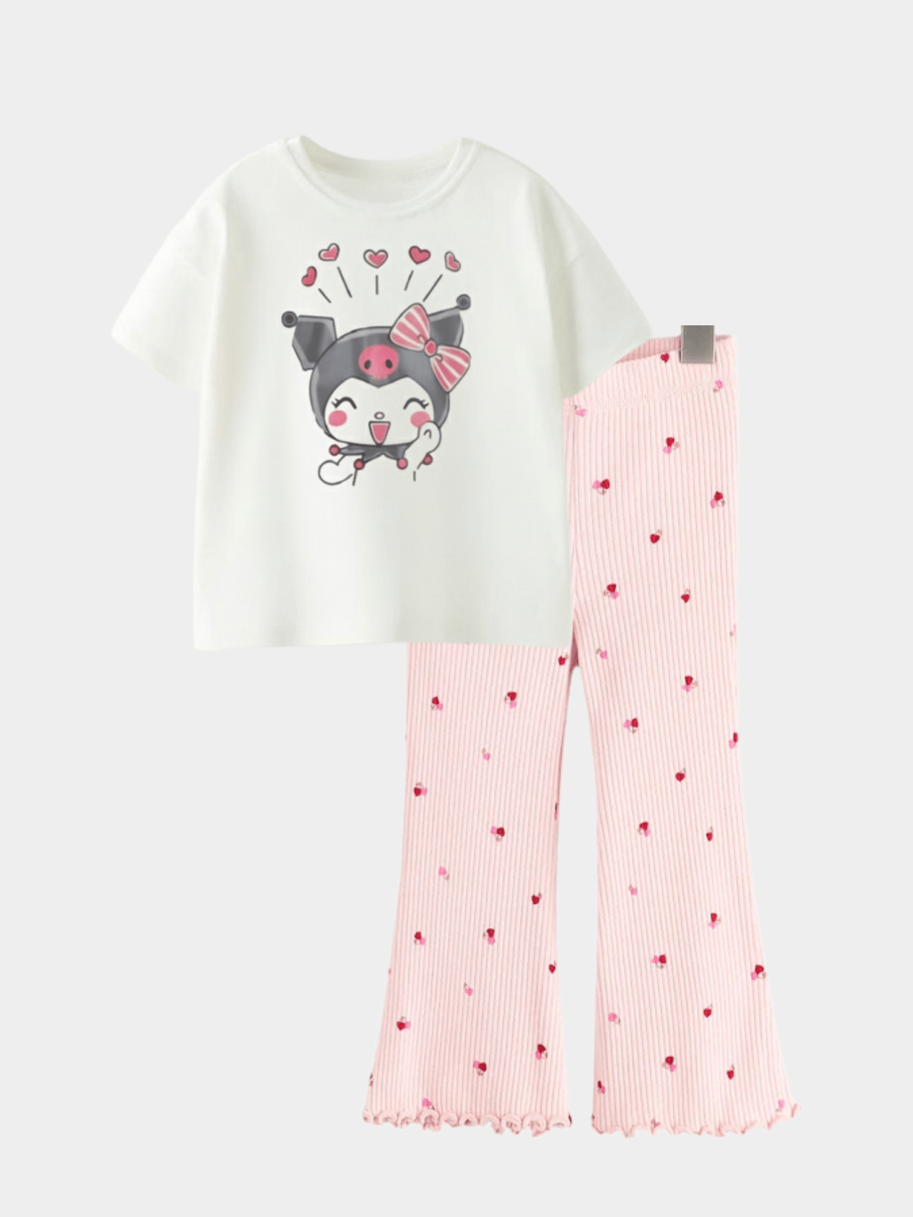 Girls' Kuromi Print T-Shirt & Burgundy Ribbed Flare Pants Set