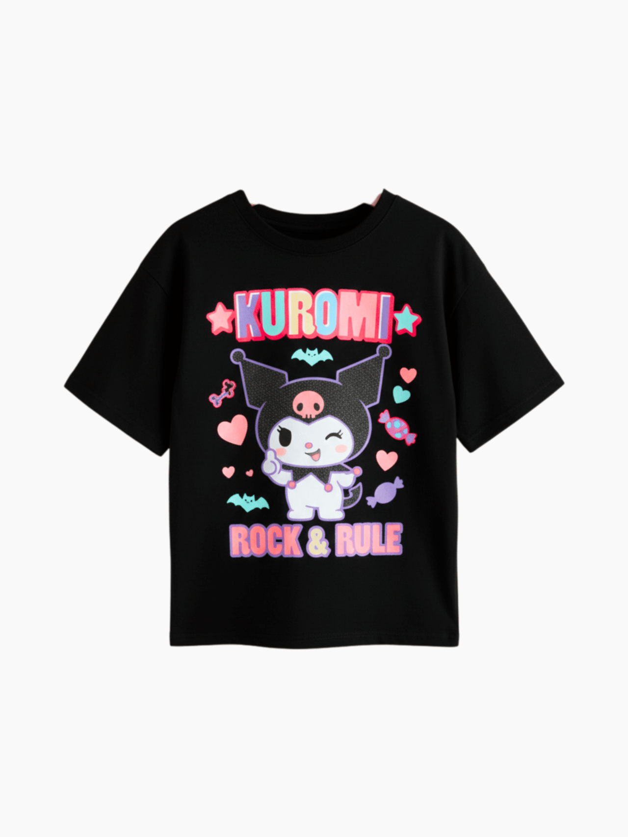 Girls' Kuromi "Rock & Rule" Graphic T-Shirt | Sanrio Character Black Tee