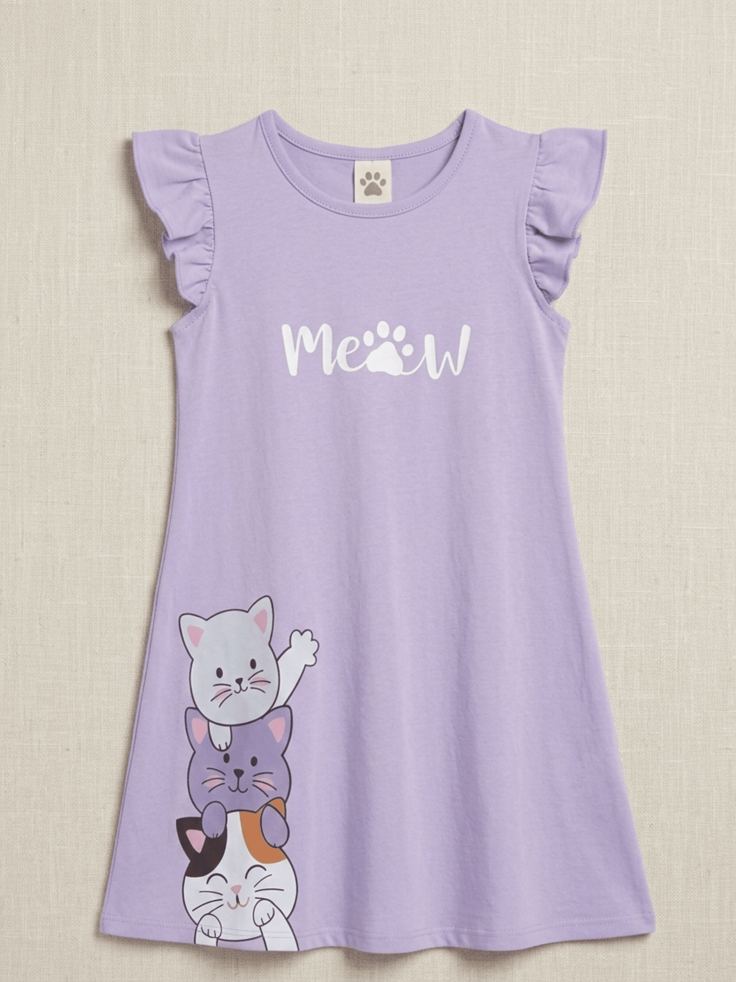 Girls' Lavender "Meow" Cat Graphic Flutter Sleeve Dress
