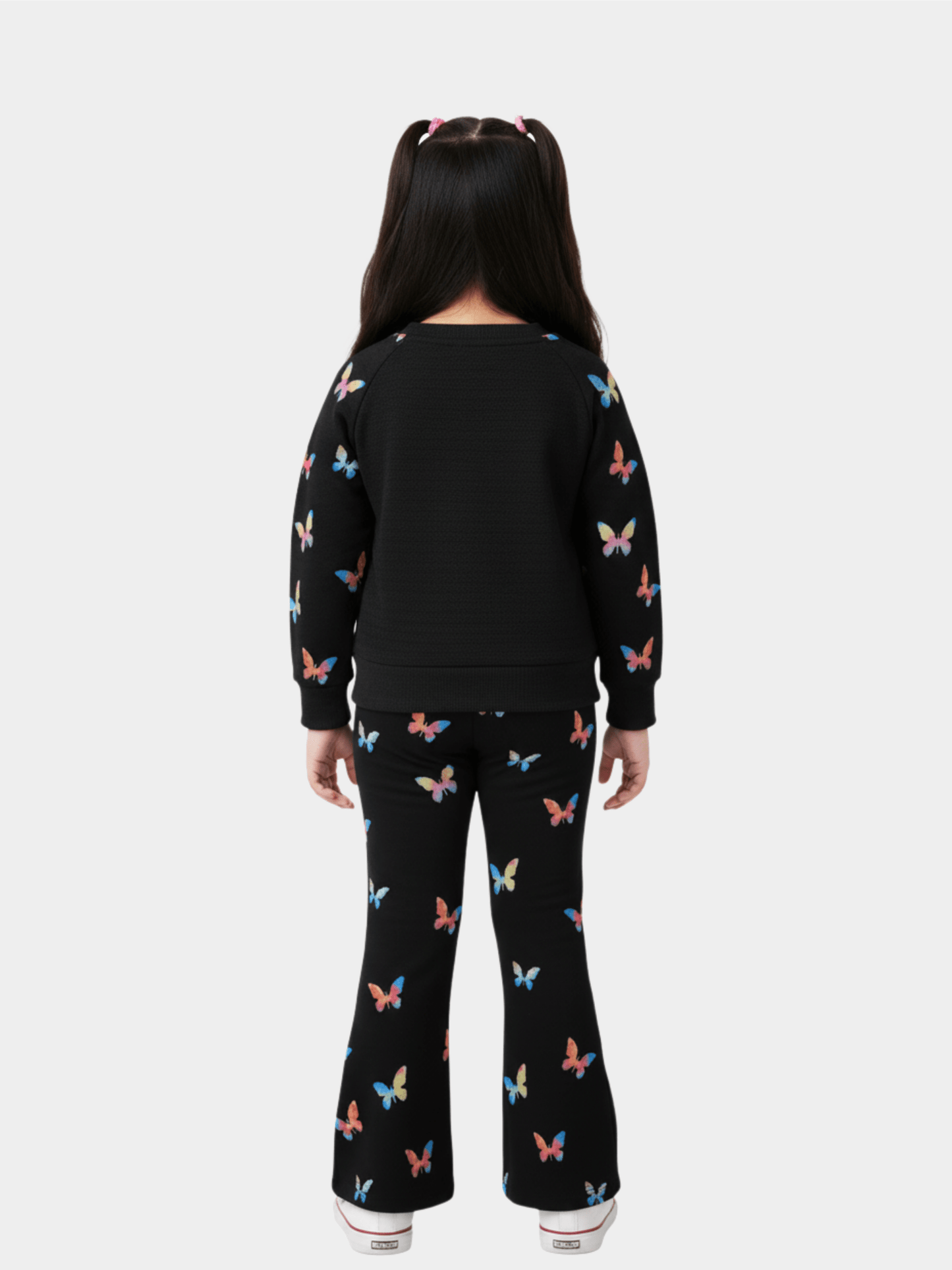 Girls' 'Minnae' Logo Black Sweatshirt with Butterfly Sleeves & Print Flare Trousers Set