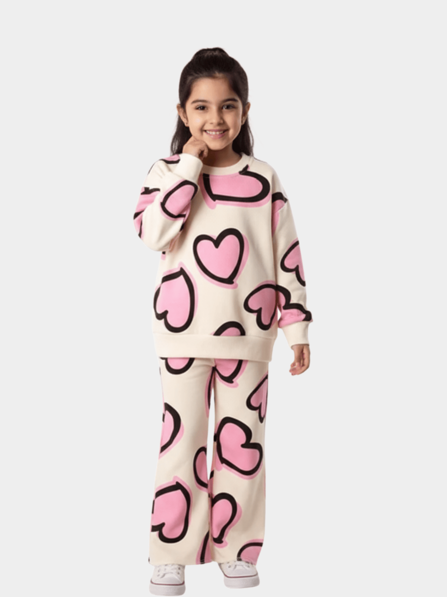 Girls' Oversized Heart Print Sweatshirt & Matching Trousers Loungewear Set