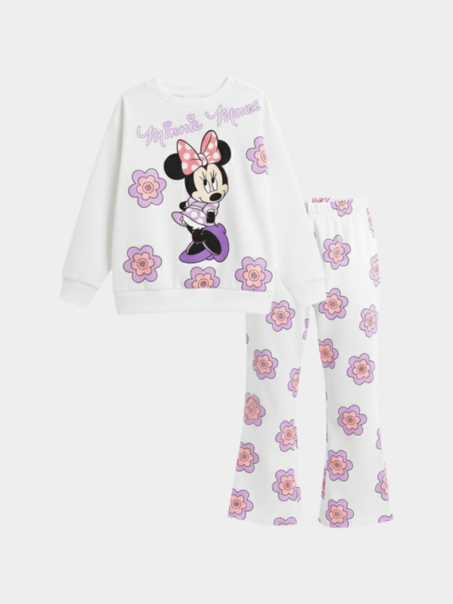 Kids' Casual White & Lavender Minnie Mouse Pullover Top & Flare Pant Outfit