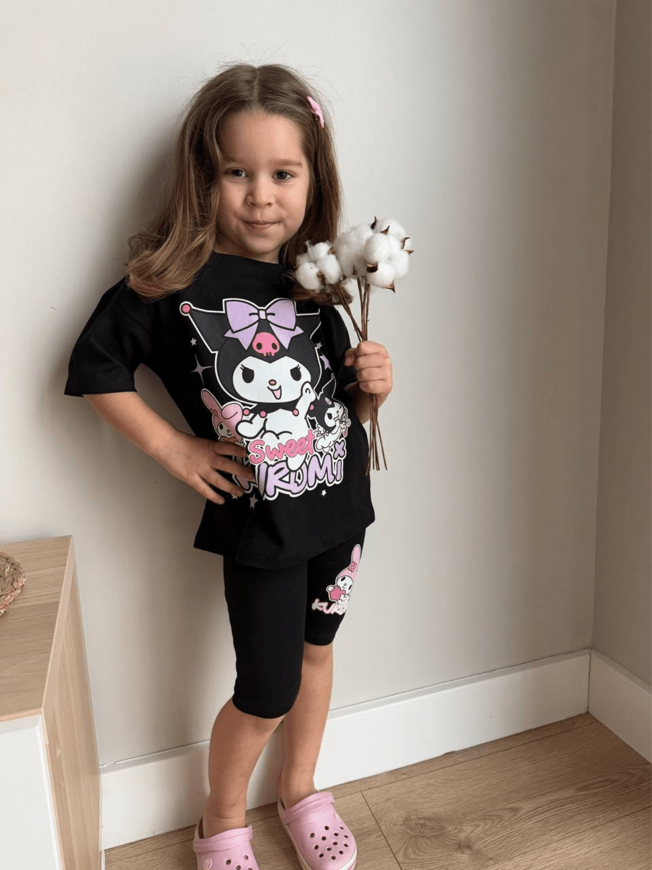 Kids Stylish Kuromi Printed T-shirt Set With Quater Pant (2yrs - 10yrs)