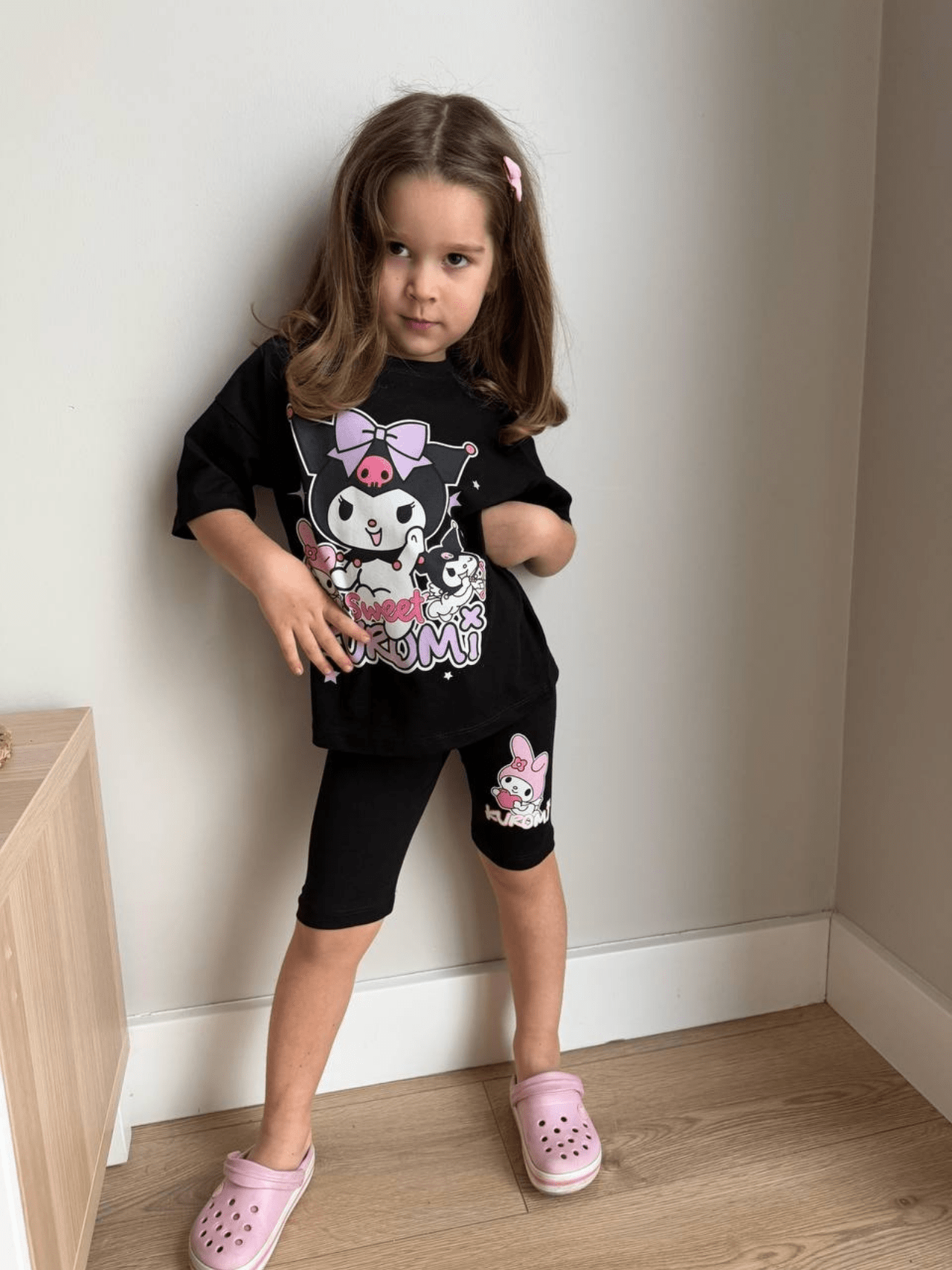 Kids Stylish Kuromi Printed T-shirt Set With Quater Pant (2yrs - 10yrs)