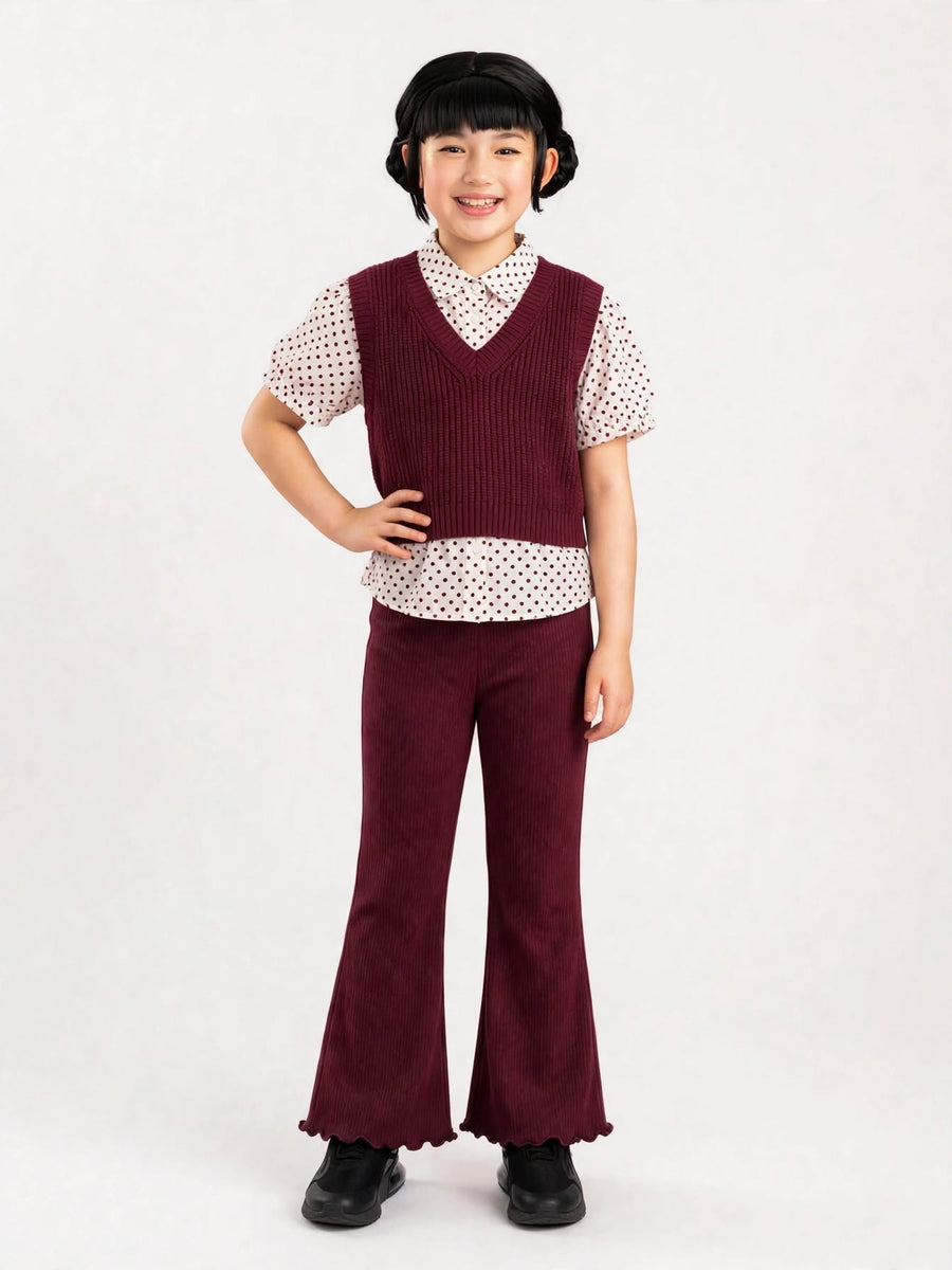 Girls Ribbed Lettuce-Hem Flare Pants - Maroon