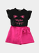 Meow Black Flutter Sleeve Top and Hot Pink Bow Skirt