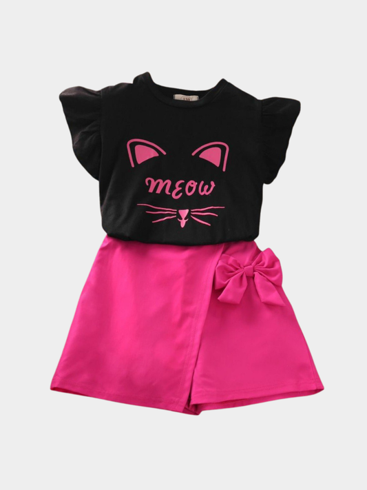 Meow Cat & Bow Skirt Set For Baby