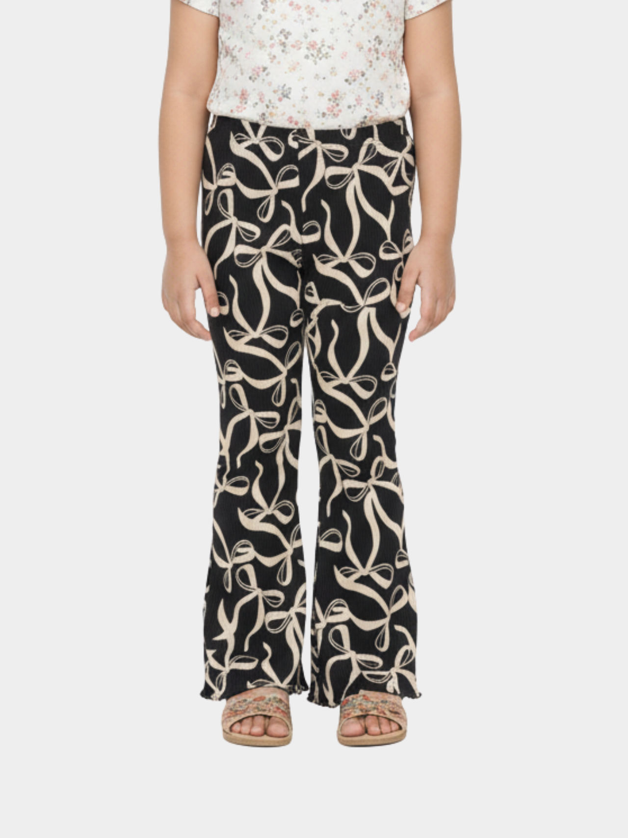 Kids Girls Black Bow Printed Ribbed Flared Pant