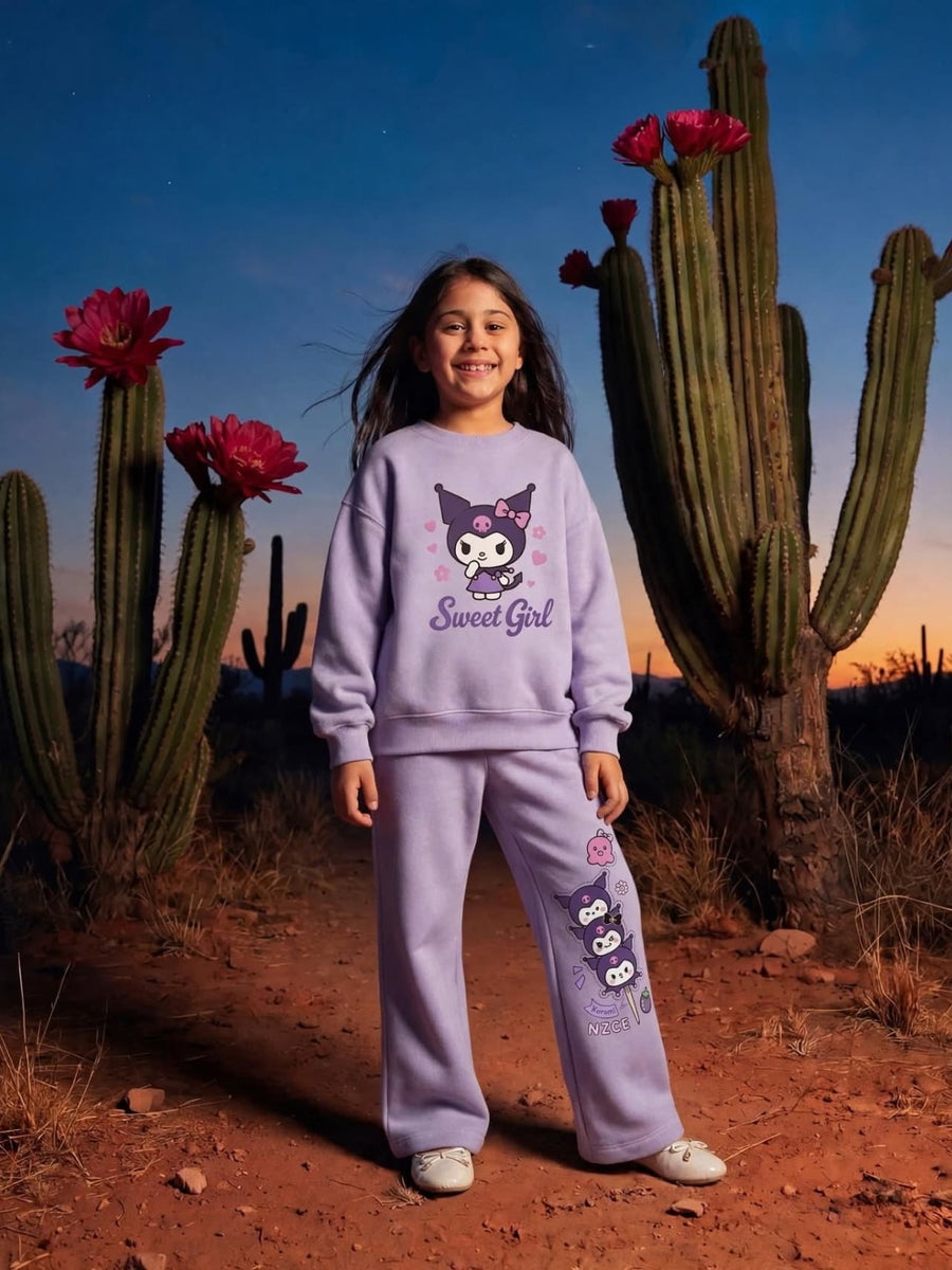 Kuromi Sweet Girl Sweatshirt & Wide-Leg Pants Set - Lavender