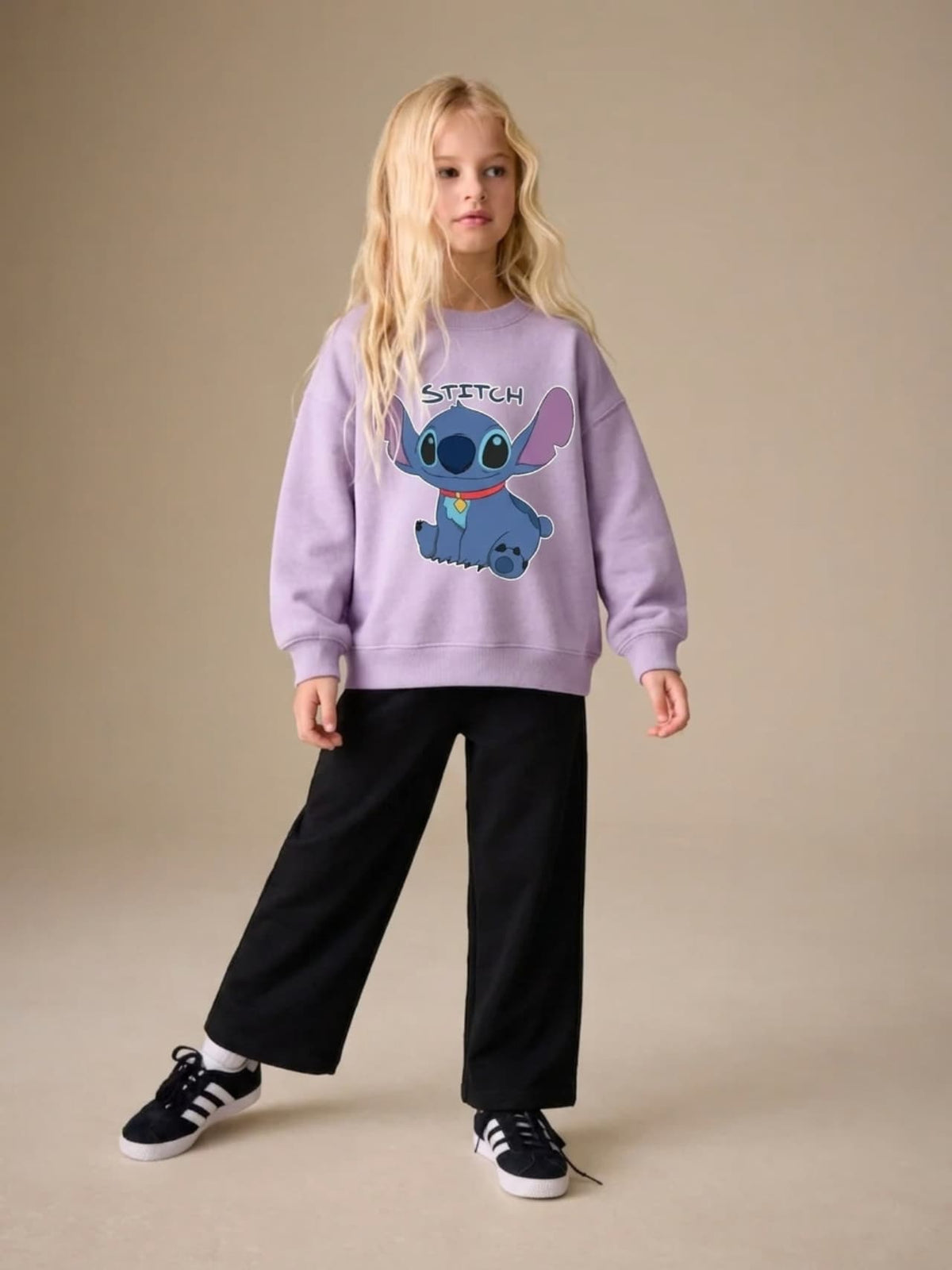 Stitch Sweatshirt & Wide-Leg Pants Set - Lavender & Black