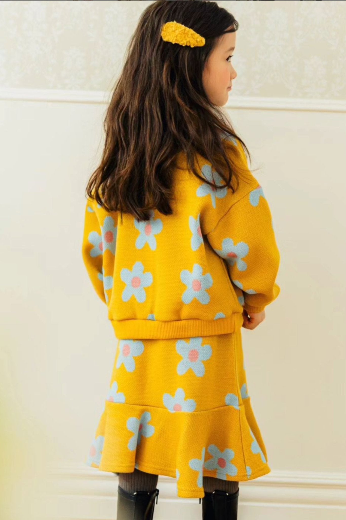 2pcs Flower Printed Sweatshirt Skirt Set_Dark Yellow