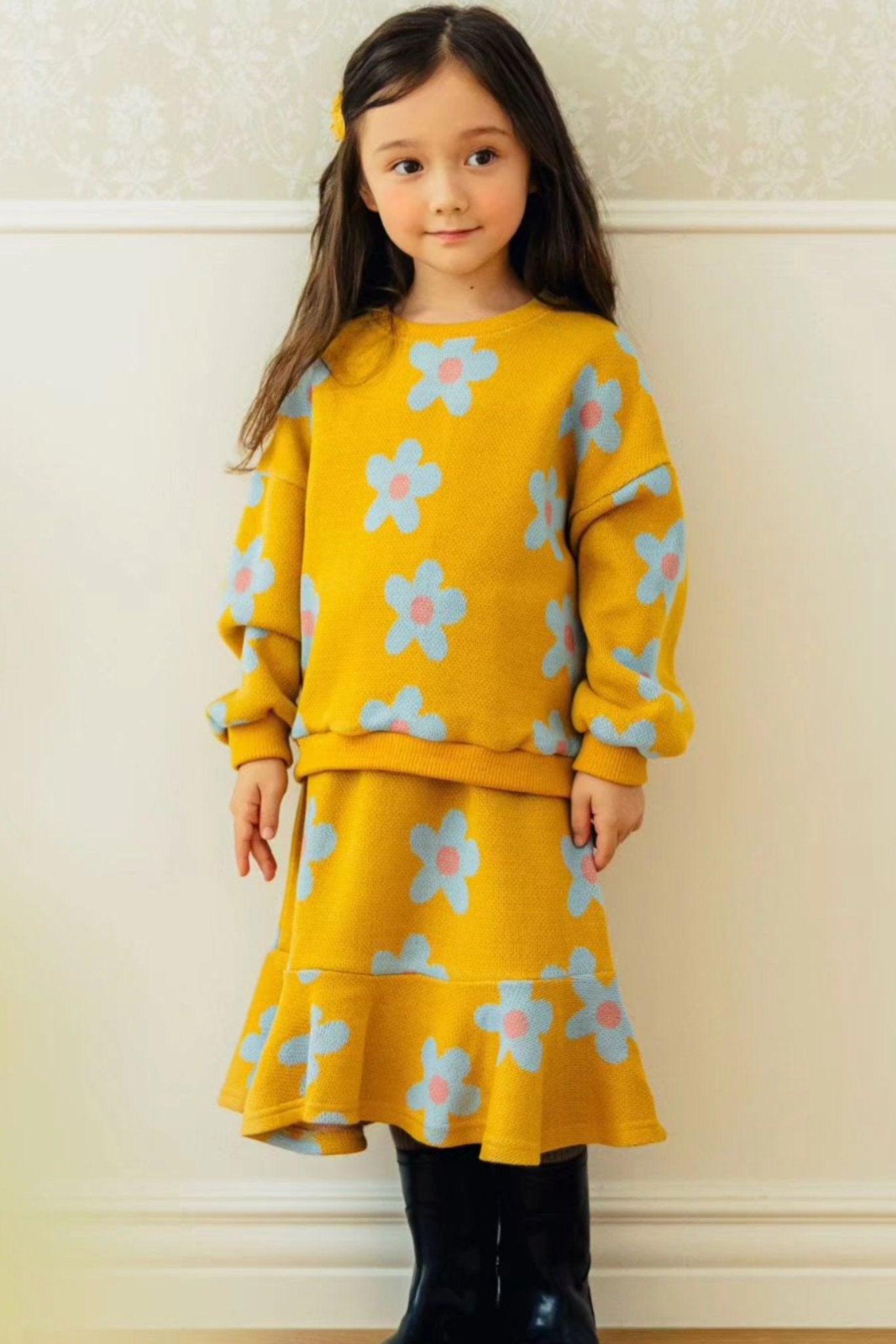 2pcs Flower Printed Sweatshirt Skirt Set_Dark Yellow