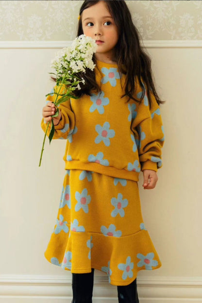 2pcs Flower Printed Sweatshirt Skirt Set_Dark Yellow