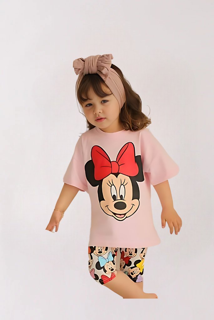 2pcs Micky Mouse Drop Shoulder T-shirt Set For Kid Girl