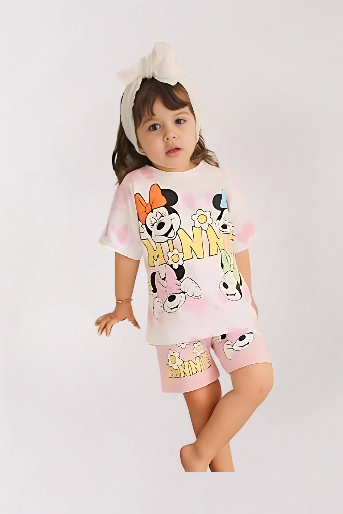 2pcs Minnie Mouse Drop Shoulder T-shirt Set For Kid Girl