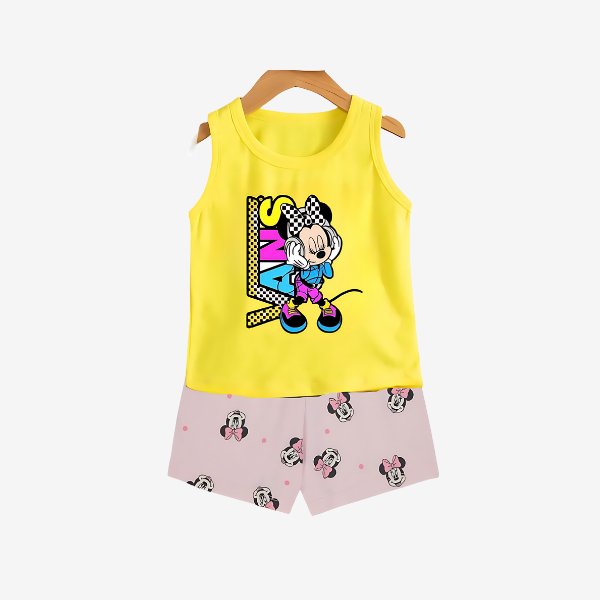 2pcs Sleeveless Micky Mouse T - shirt Set For Kid Girl