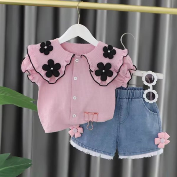 2pcs Stylish Tops With Denim Set For Girls