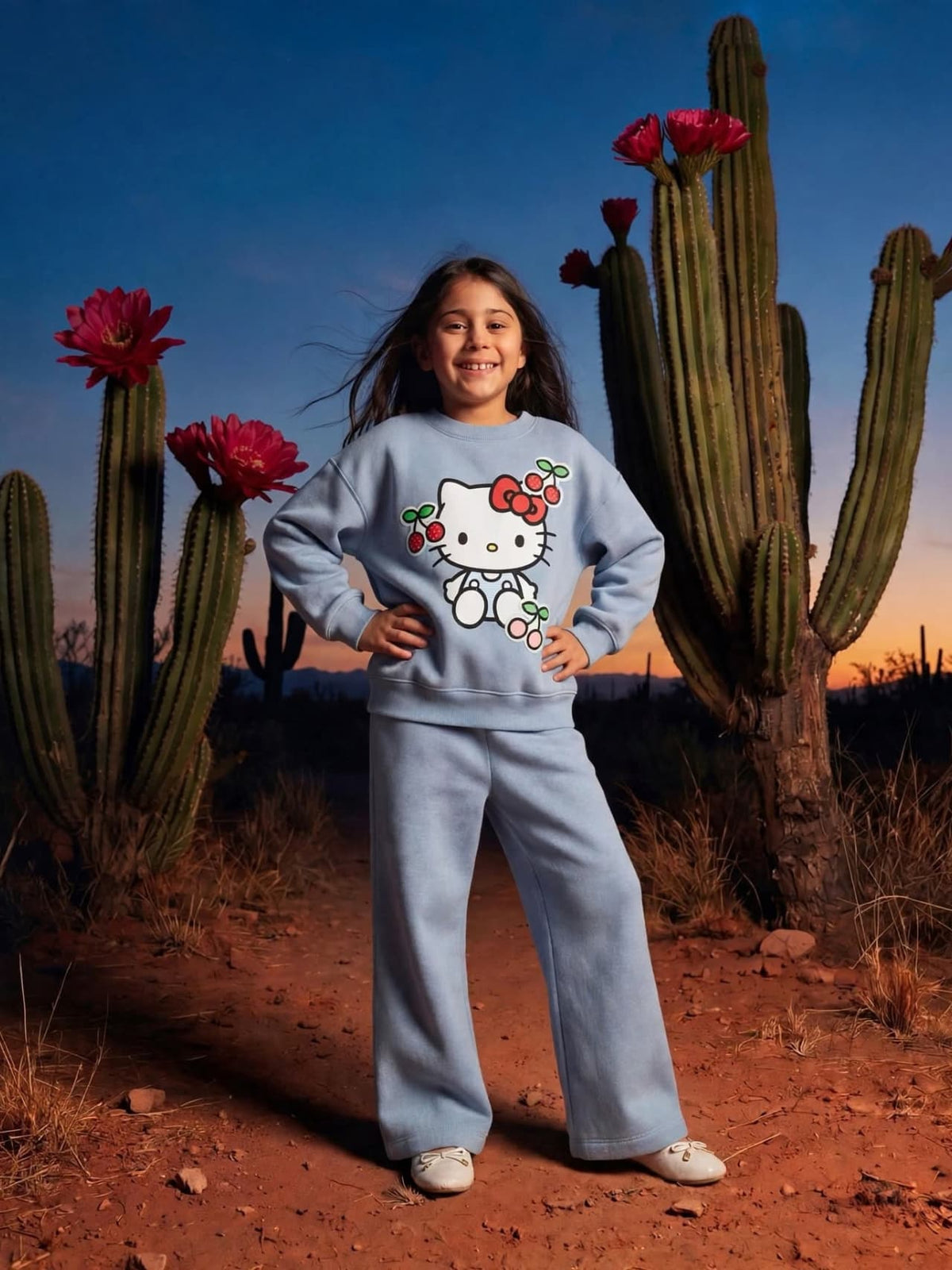 Hello Kitty Cherry Sweatshirt & Wide-Leg Pants Set - Sky Blue