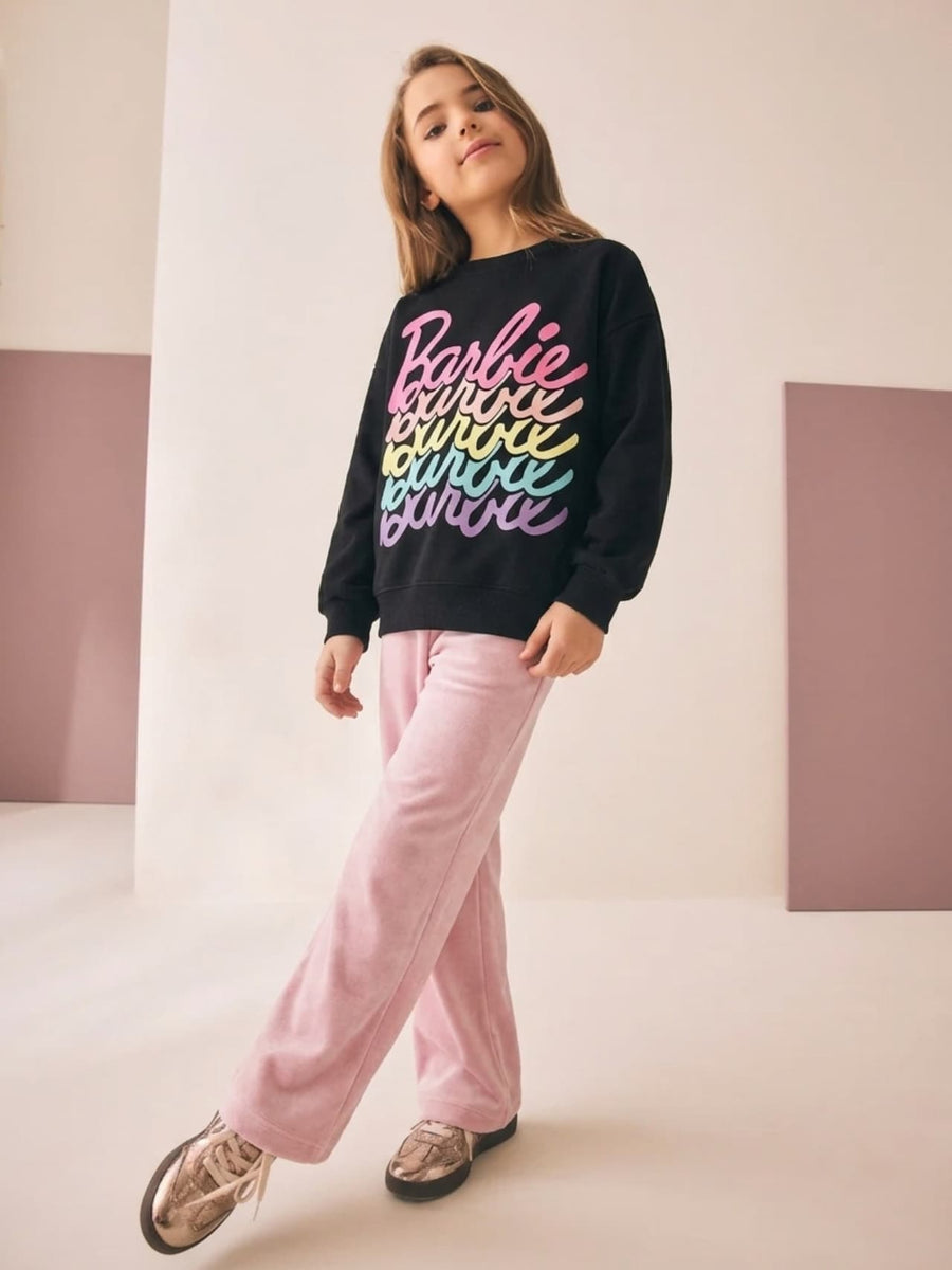 Barbie Rainbow Script Sweatshirt & Wide-Leg Pants Set - Black & Pink