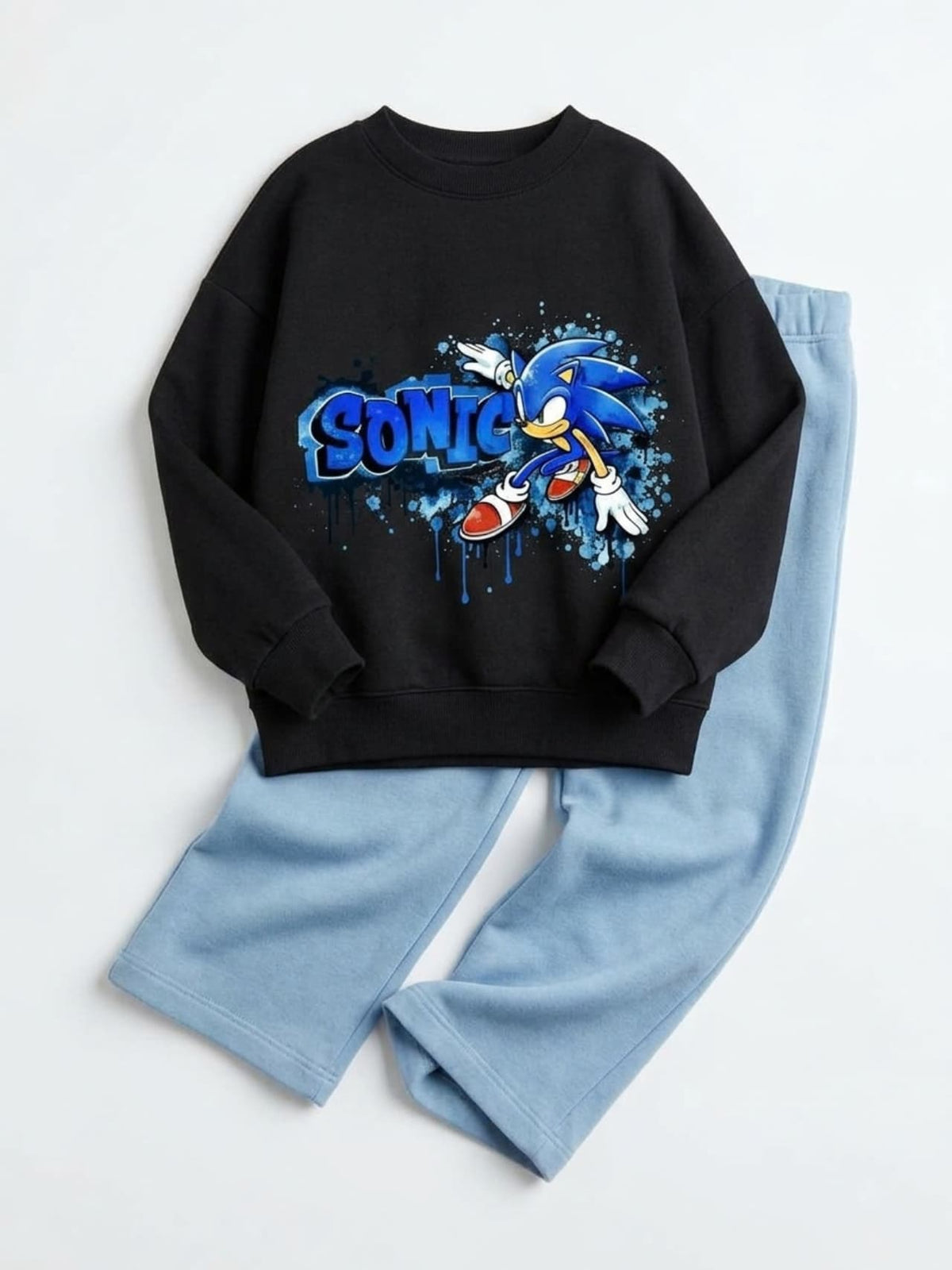 Sonic Graffiti Sweatshirt & Wide-Leg Pants Set - Black & Sky Blue