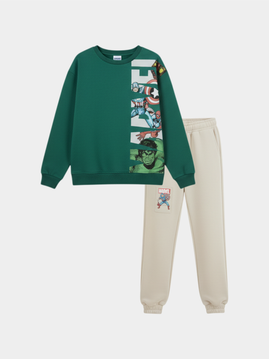 Boys' Marvel Avengers Comic Strip Green Sweatshirt & Beige Joggers Winter Set