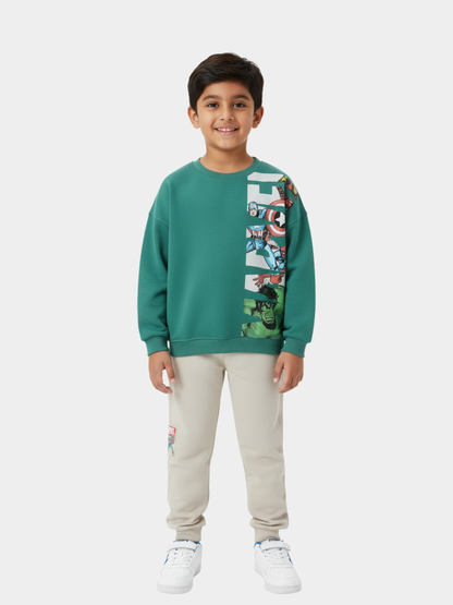 Boys' Marvel Avengers Comic Strip Green Sweatshirt & Beige Joggers Winter Set