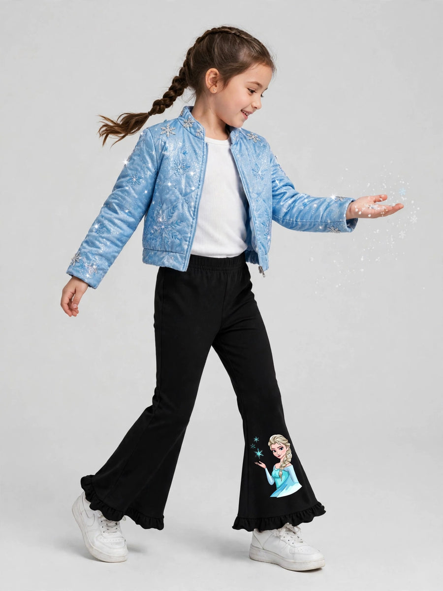 Girls Elsa Frozen Print Flare Pants - Black