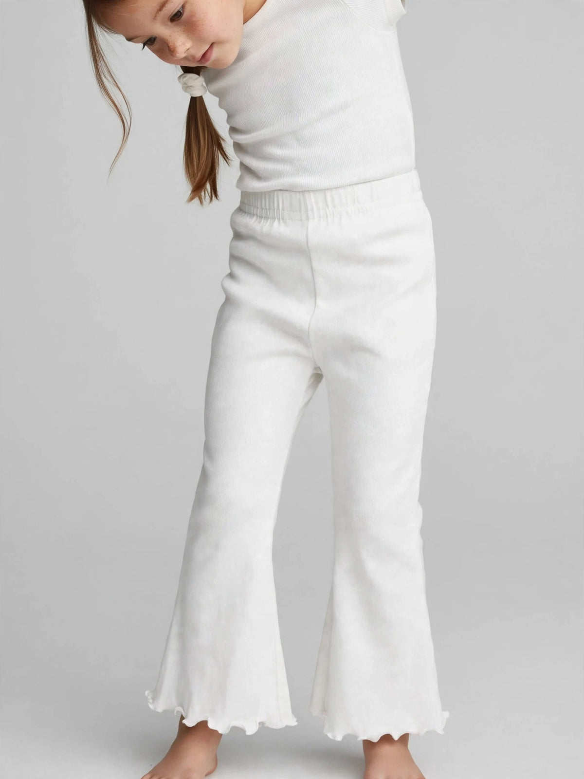 Girls Lettuce-Hem Flare Pants - White