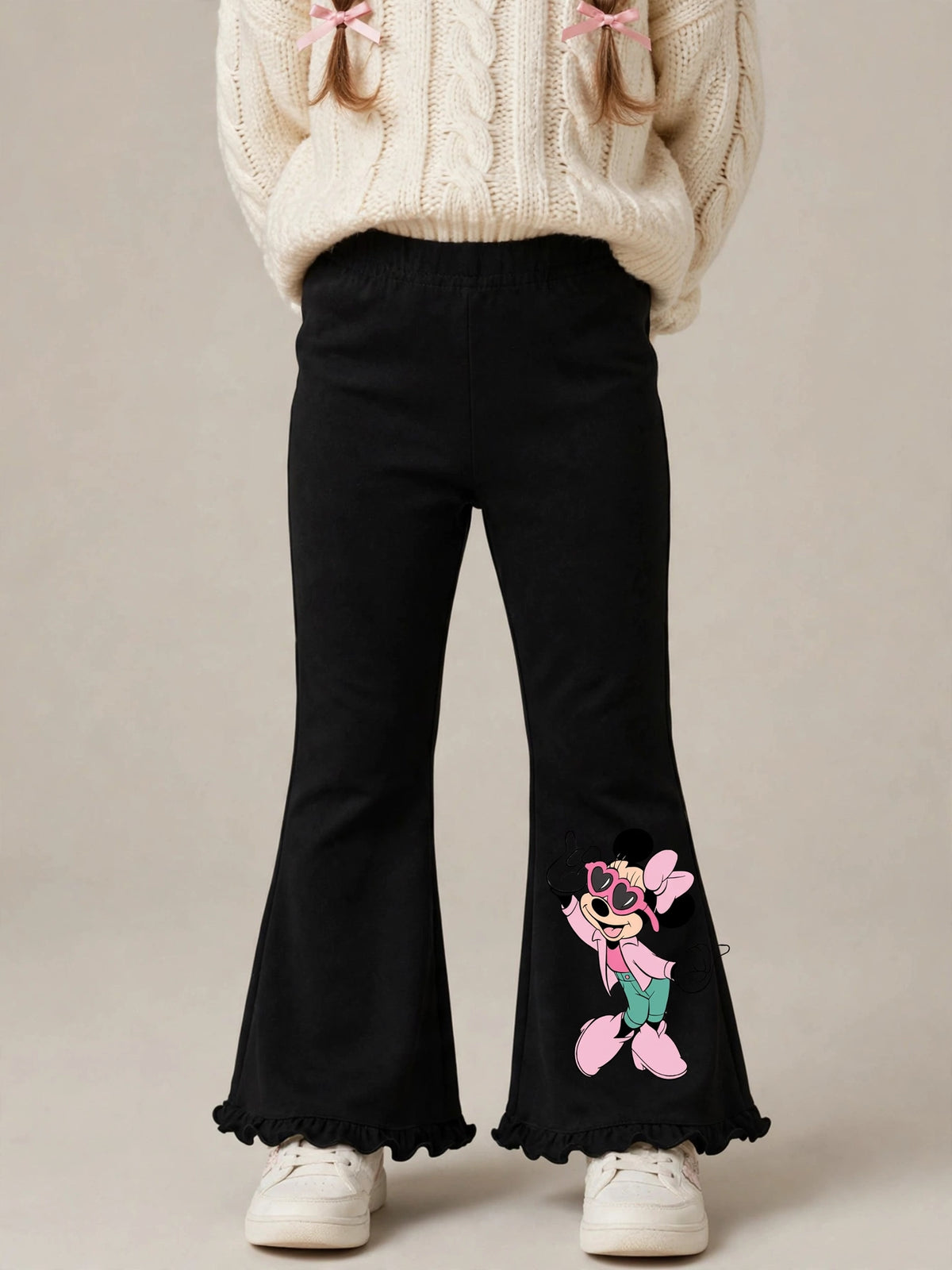 Girls Minnie Mouse Print Flare Pants - Black