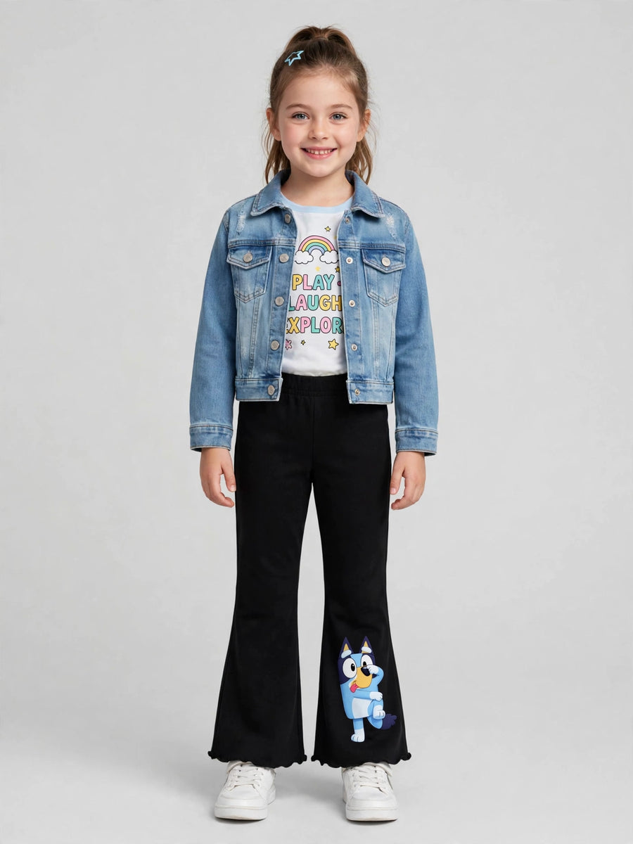 Girls Bluey Print Flare Pants - Black