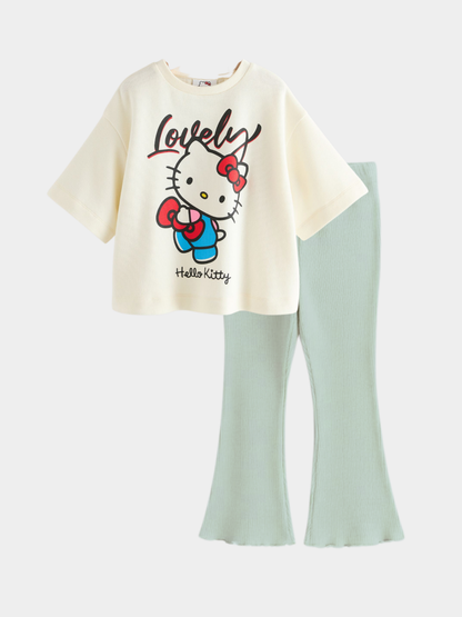 Hello Kitty T-Shirt & Red Ribbed Flared Long Pants Set