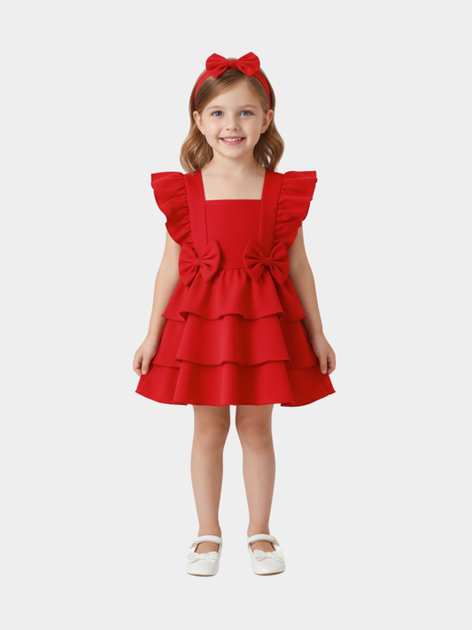 Girls' Red Tiered Dress ,Ruffle Sleeves & Bow Accents