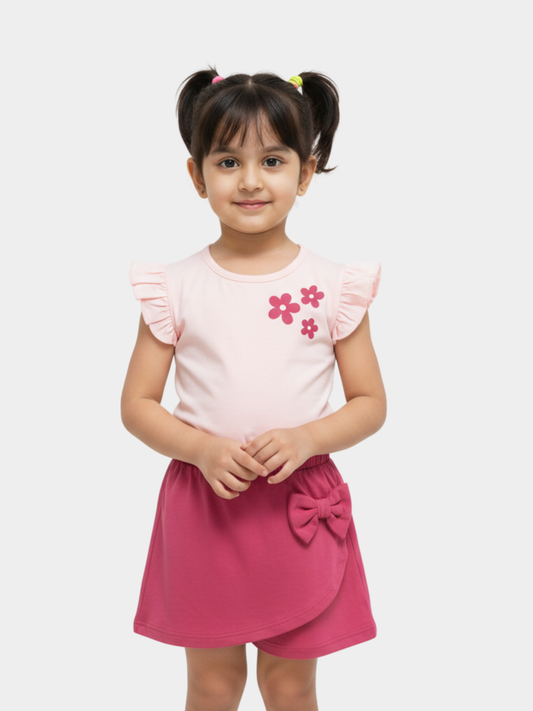 Girls' Pink Ruffle Top & Skirt Set | Floral T-Shirt with Bow Wrap Skirt Outfit