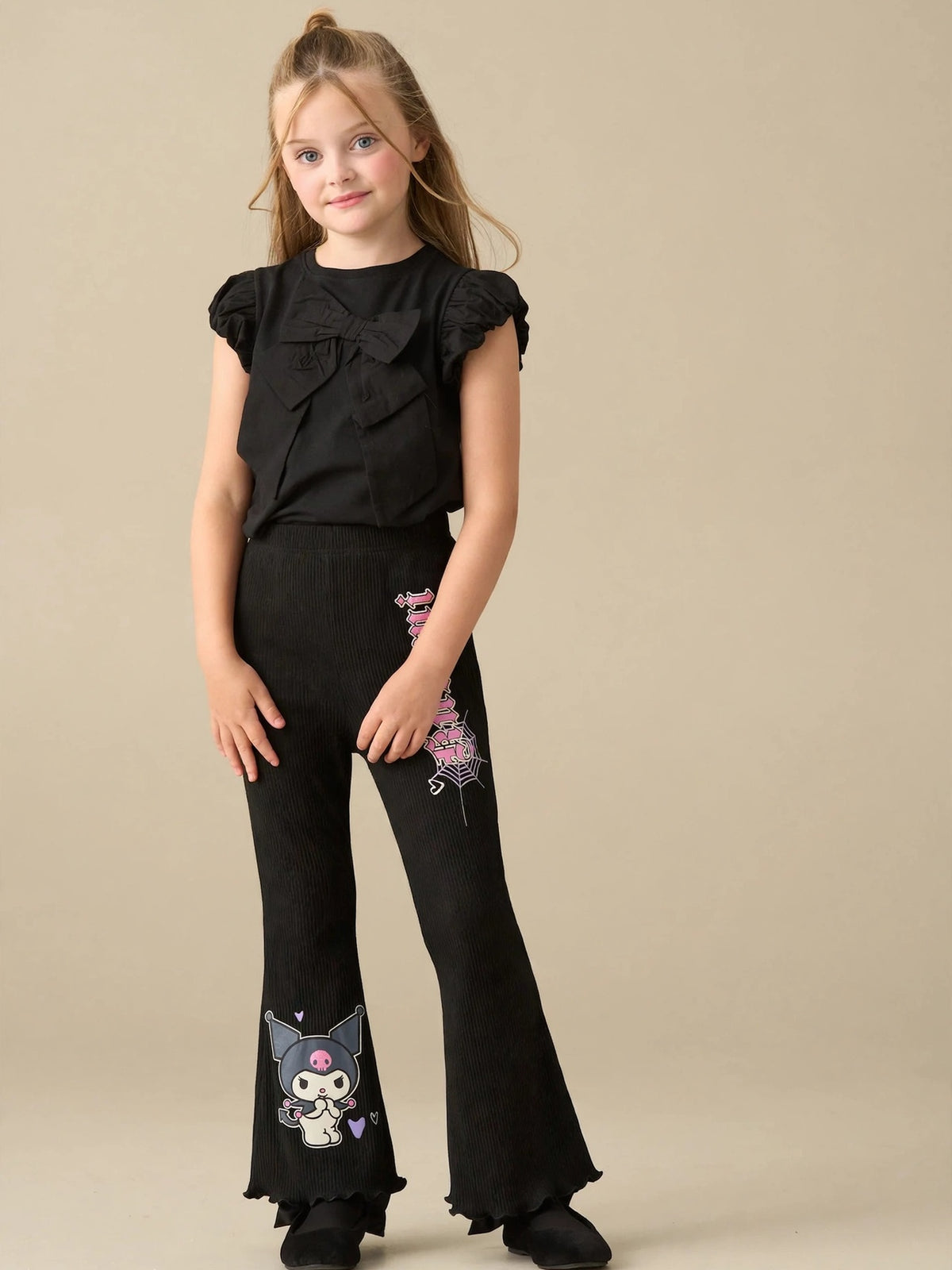 Girls Kuromi Gothic Print Flare Pants - Black