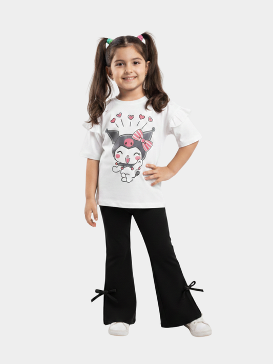 Girls' Kuromi Ruffle-Sleeve Tee & Flared Bow Leggings Set