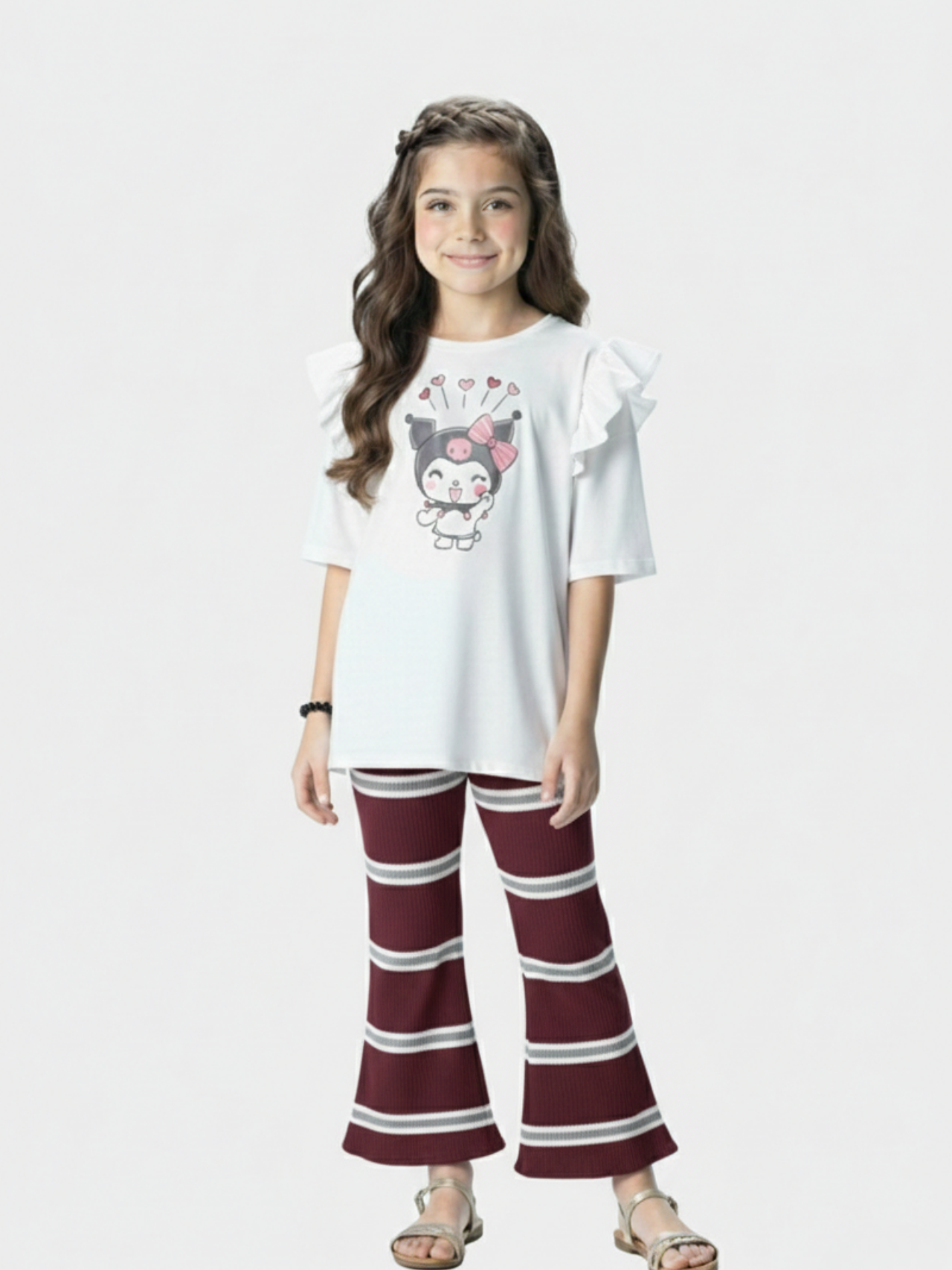 Girls' Kuromi Ruffle Tee & Striped Flare Pants Set