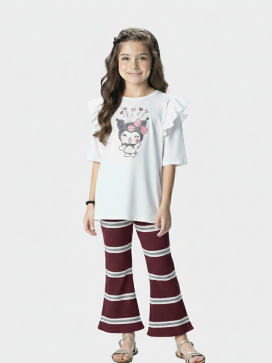 Girls' Kuromi Ruffle Tee & Striped Flare Pants Set