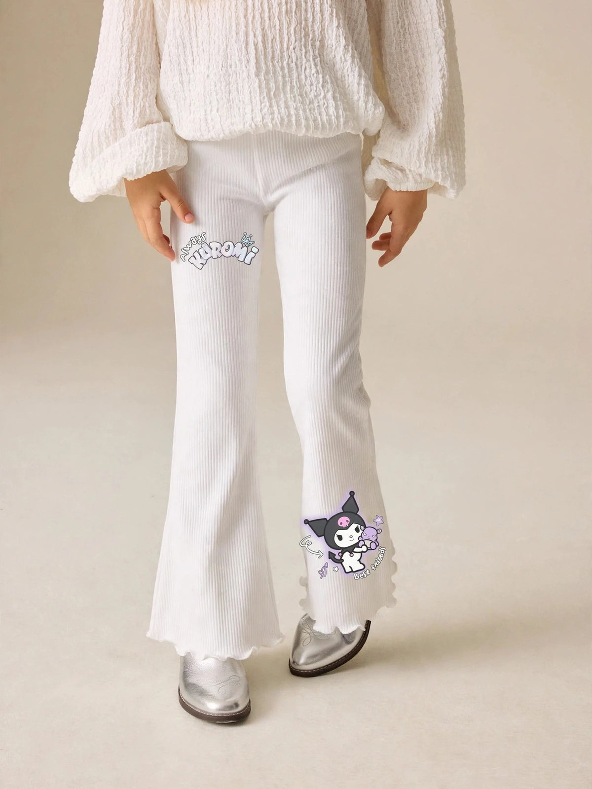 Girls Always Kuromi Print Flare Pants - White