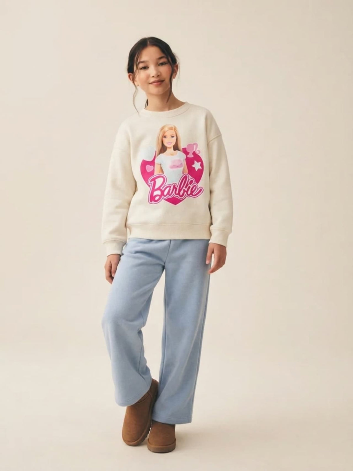 Barbie Heart Sweatshirt & Wide-Leg Pants Set - Cream & Sky Blue